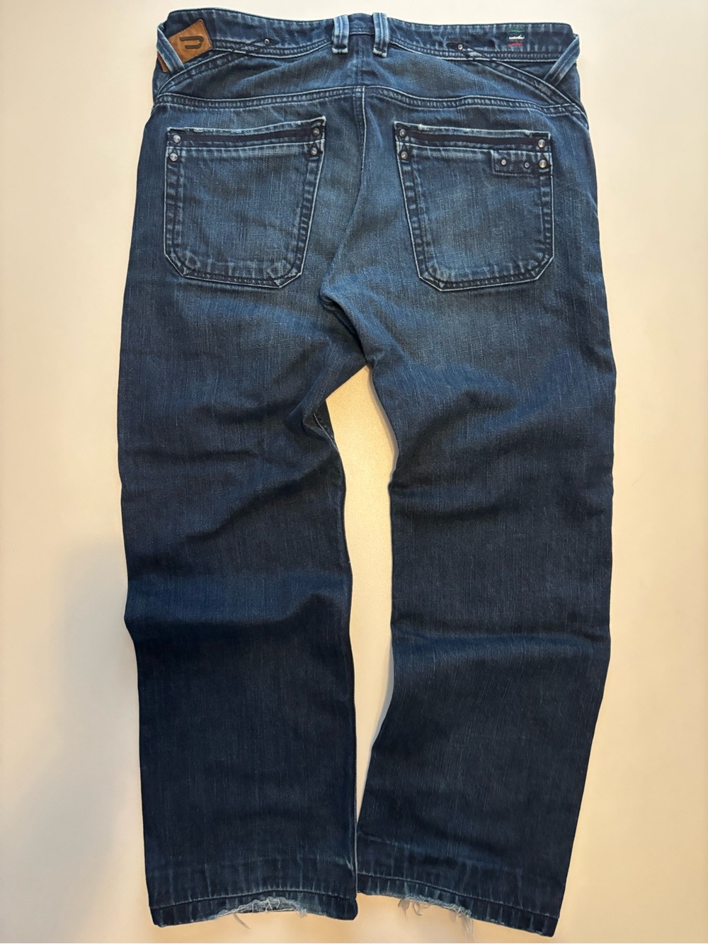 Diesel Busky faded baggy blue denim jeans cow leather/fake leather